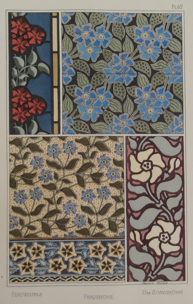 Floral print of different stylized flowers inside five rectangular frames