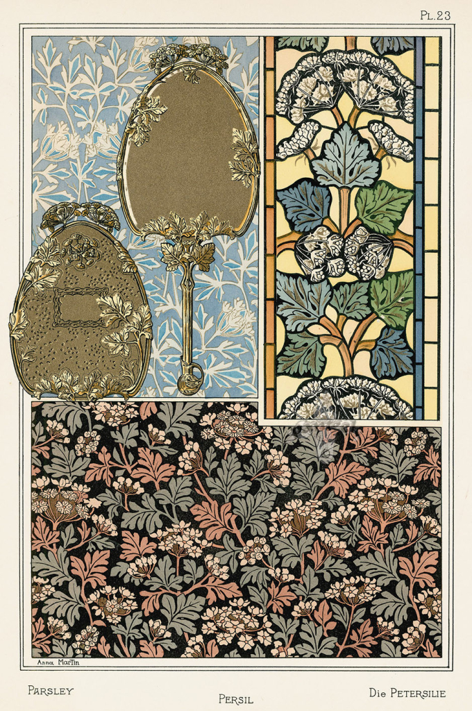 Floral print of different stylized flowers inside three rectangular frames. One inset also features a metallic bronze handheld mirror