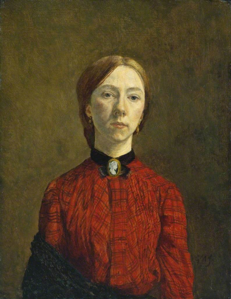 Self-portrait painting of a white woman wearing a high-necked red dress with a cameo choker, her light brown hair pulled back, and her expression pensive. The background is a muddy brown wall.