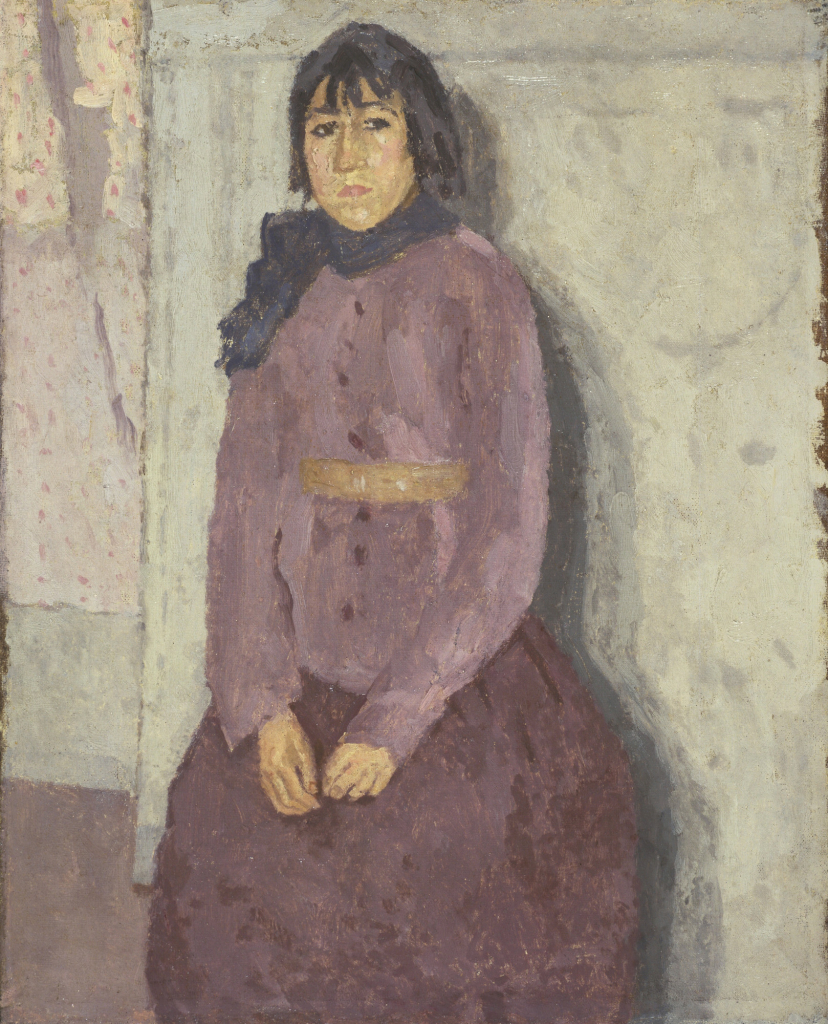 Painting of a woman with short dark hair staring out past the viewer, wearing a purple dress and blue scarf, leaning against a pale grey-green wall