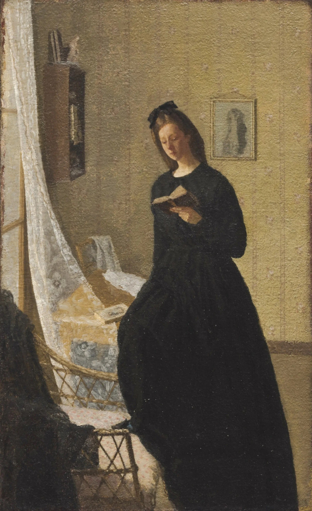 Painting of a white woman in a long black dress standing in a domestic interior with her foot up against a chair next to a window, reading a small book