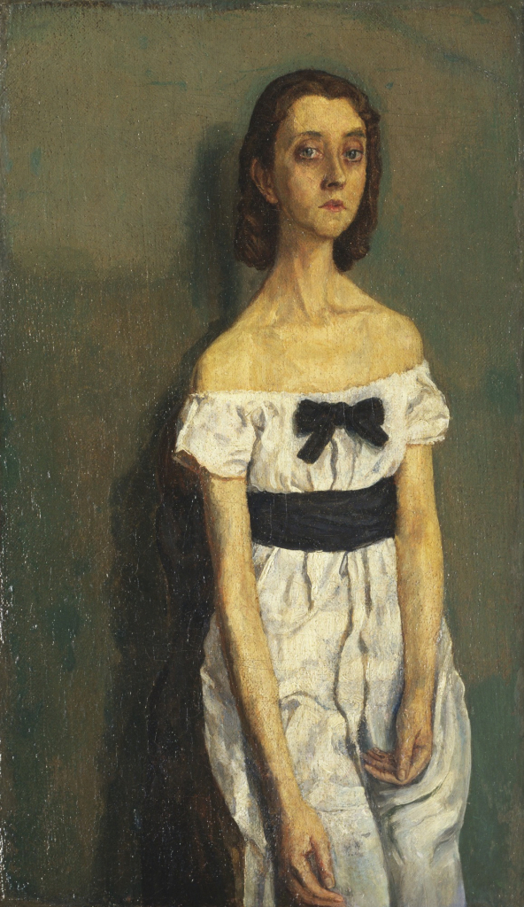 Painting of a slender white woman with brown hair and heavy-lidded eyes, wearing a white dress with the sleeves pulled down to expose her shoulders, leaning against a grey-brown wall