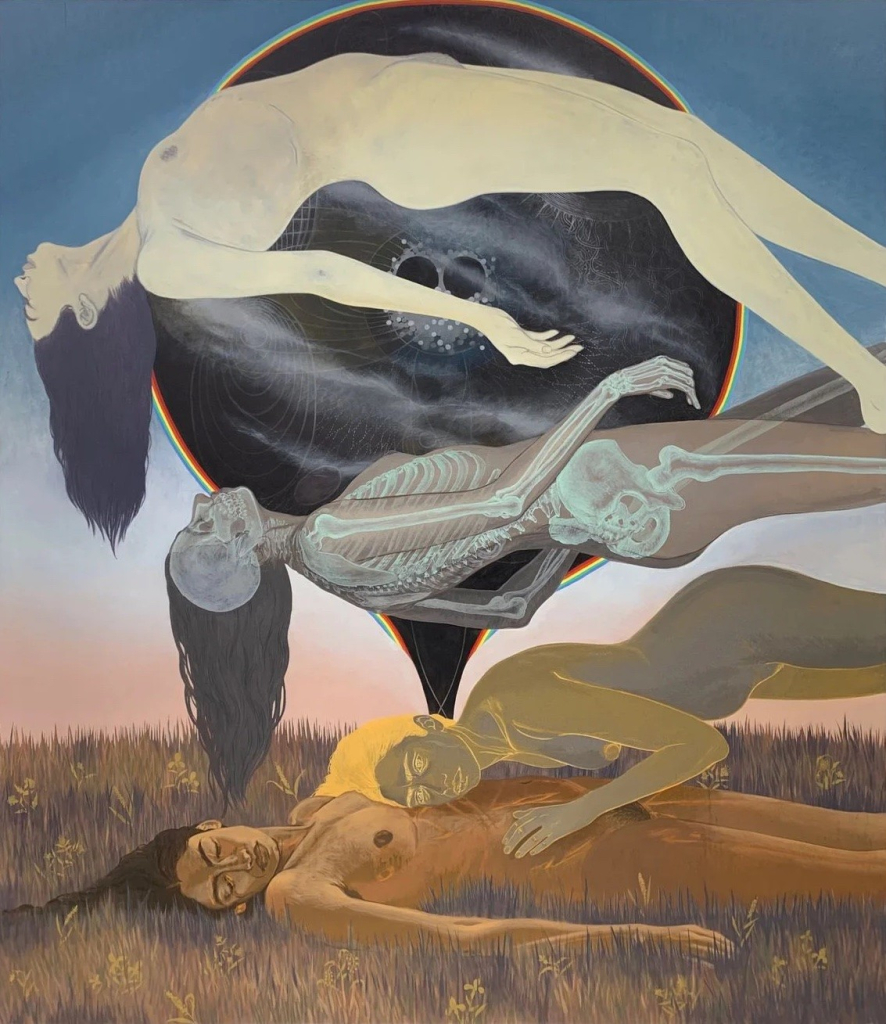 Painting of a nude woman lying on in a brown field, with several versions of her figure floating above her as if her soul is leaving her body, with a black circle void floating behind