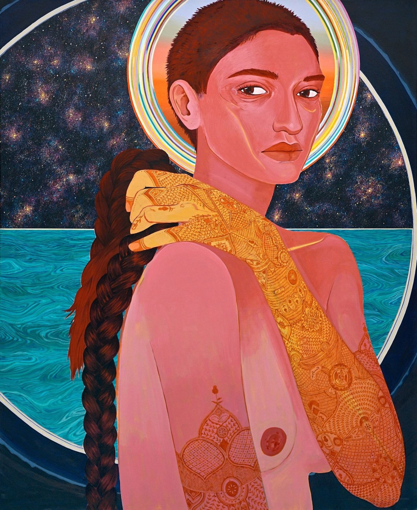 Painting of a young woman with cropped hair holding a long cut-off braid over her shoulder, with delicate patterns inked on her arms and the sea and stars seen through a rounded window behind her