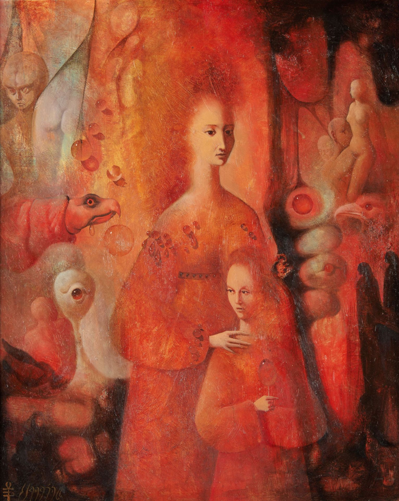 Painting of a woman and child in an orange palette, with various creatures and figures in the background