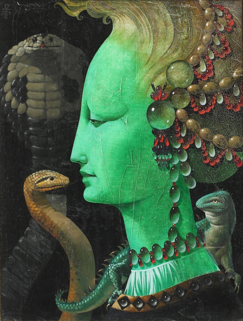 Painting of a green-skinned woman in profile with two snakes, a beaded headdress, and a lizard around her neck