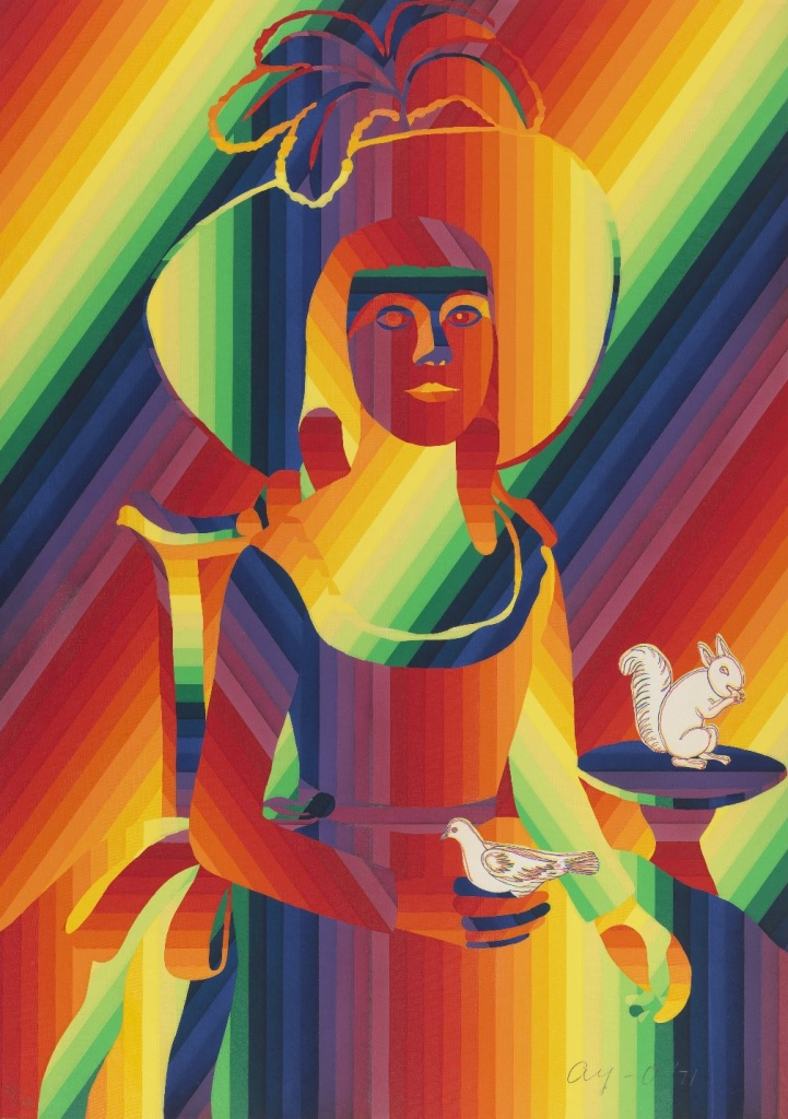 Image of a seated woman made up of vertical rainbow lines with diagonal rainbow lines in the background, and a white bird in her hand and white squirrel in a fountain behind her