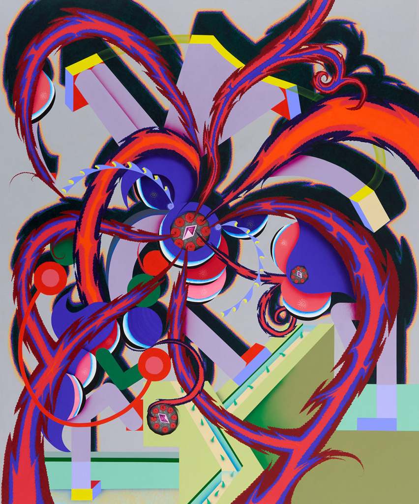 Abstract painting of an array of jagged, curving lines erupting from a central circle, in a palette of red, purple, and green.