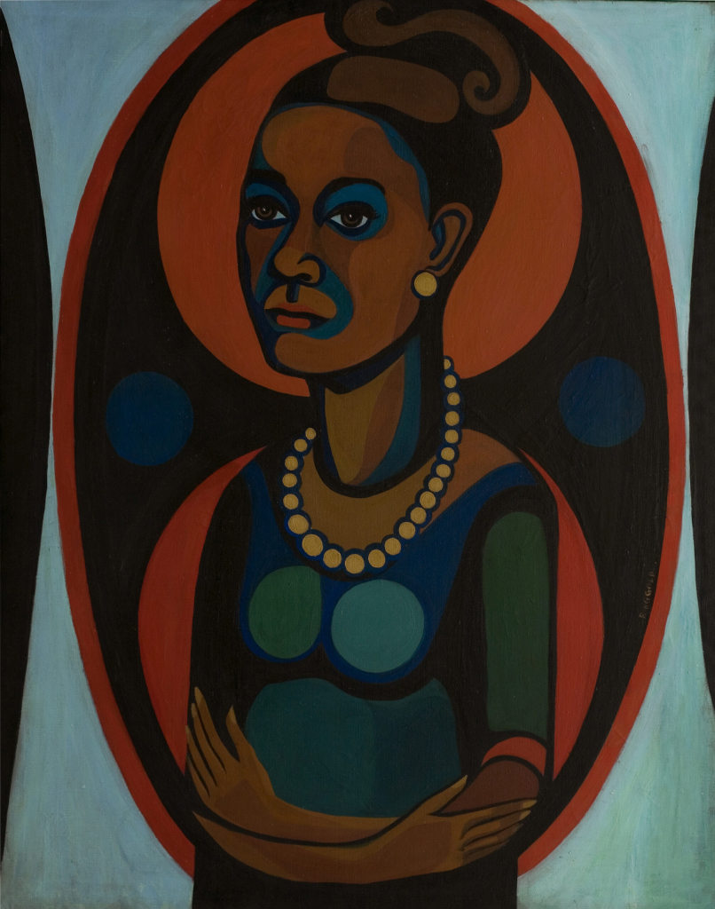 Self-portrait painting in a flat style showing a young Black woman in a green dress and pearl necklace with her arms hugging across her stomach, against an orange and black oval background