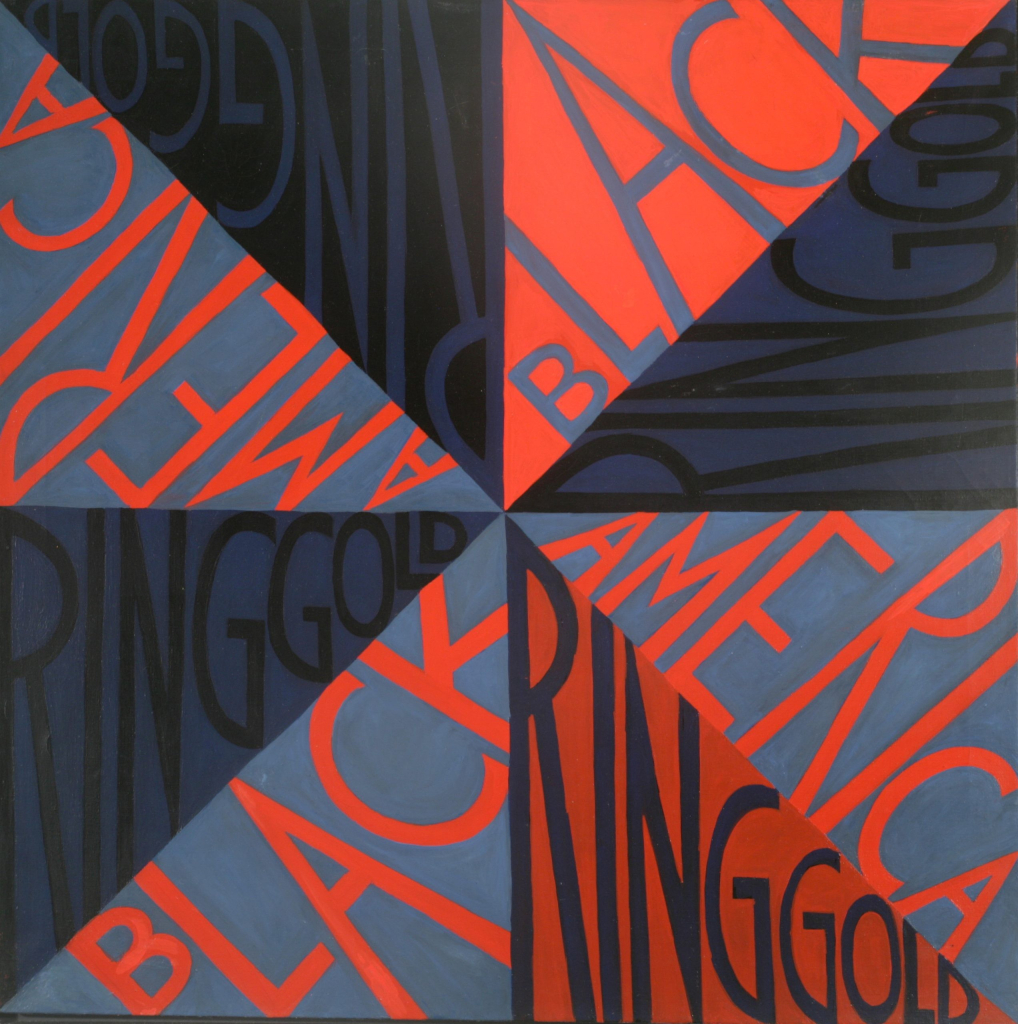 Painting of a series of triangles arranged around a center point, with the text "BLACK AMERICA RINGGOLD" repeated in across each triangle, in a palette of red, blac,, and blue.