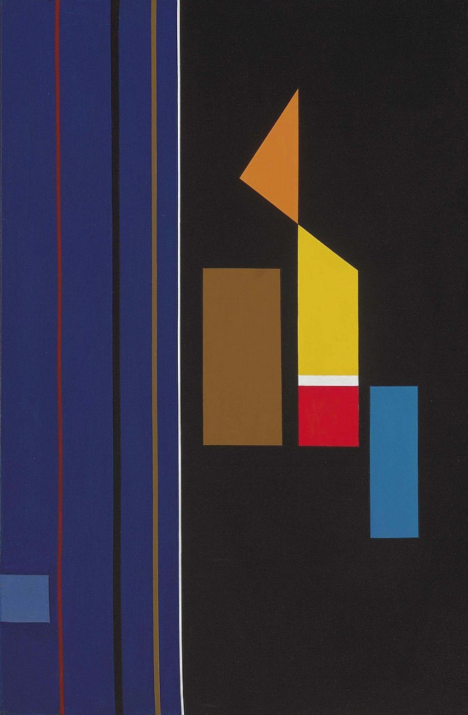 Abstract painting with geometric forms, a blue column on the left with vertical lines, and a black section on the right with colorful shapes