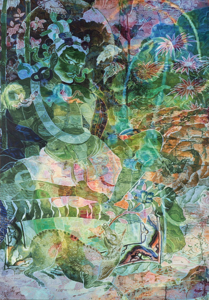 Painting of a Buddhist icon and small deer in a forest with various elements of landscape overlaid over each other, in a bright green color palette