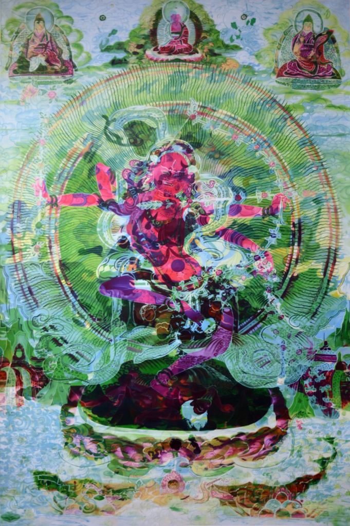 Painting of a bright pink Buddhist icon dancing in a central circle surrounded by smaller figures, in a green and pink palette