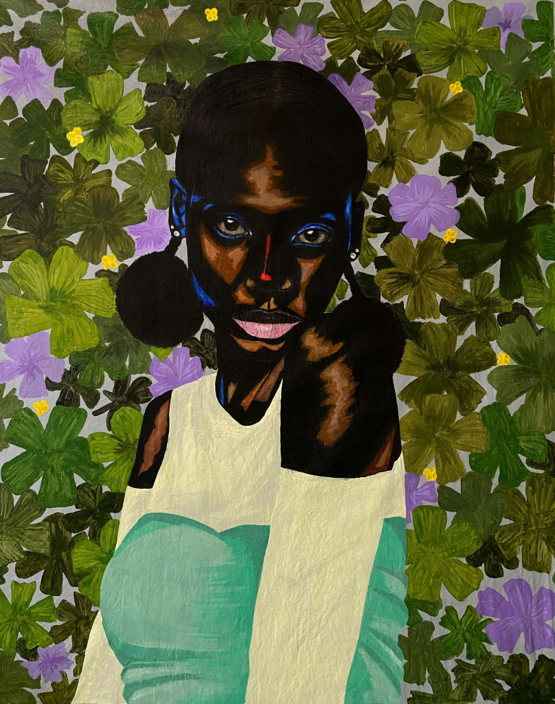 Painting of a young Black woman with pigtails looking at the viewer, against a background of green and purple flowers