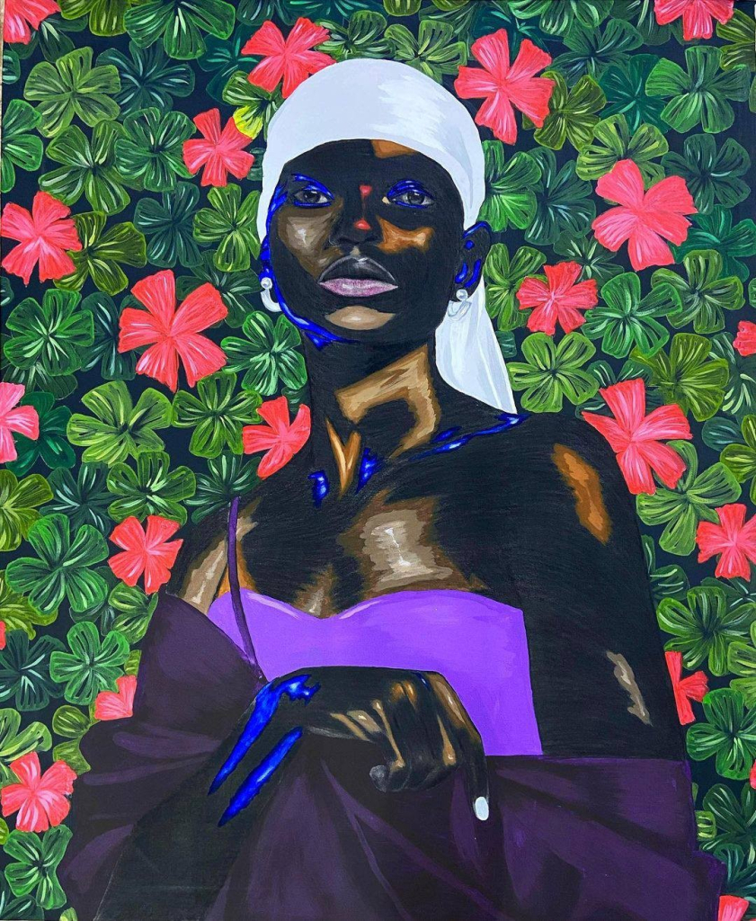 Painting of a young Black figure wearing a purple shawl and sleeveless top, and white headscarf, against a background of green and pink flowers