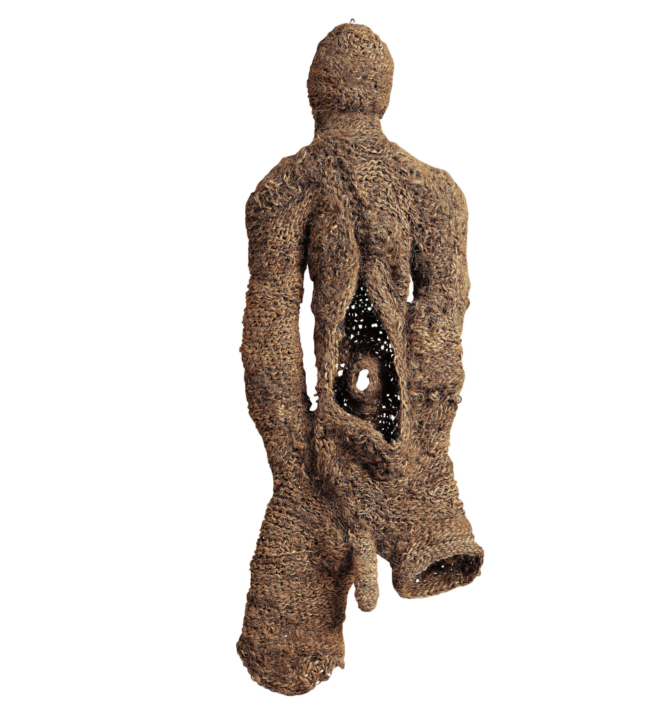 Hanging light brown fiber sculpture of an abstracted human upper body with an opening in the center