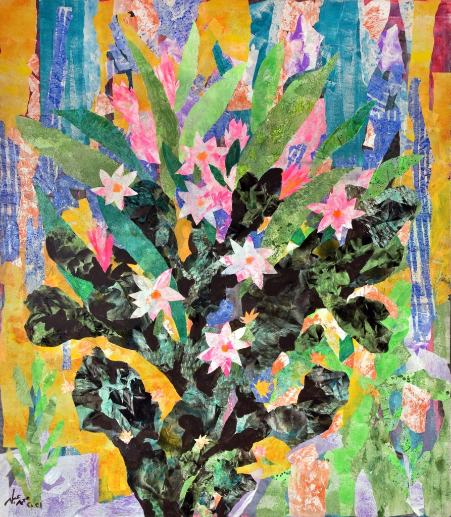 Collage of a large central black cactus with pink blossoms and green leaves, and a blue and yellow background