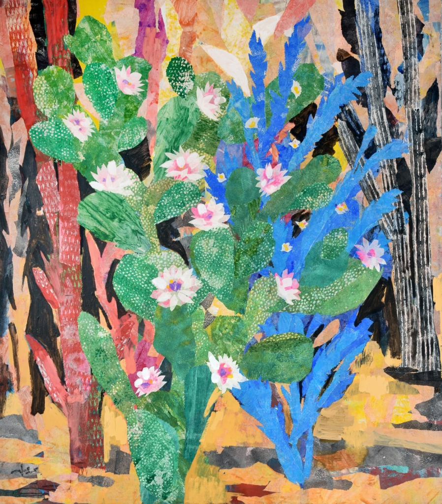 Collage of green and blue cacti plants with pink blossoms intertwining their leaves together, with black and red plants in the background