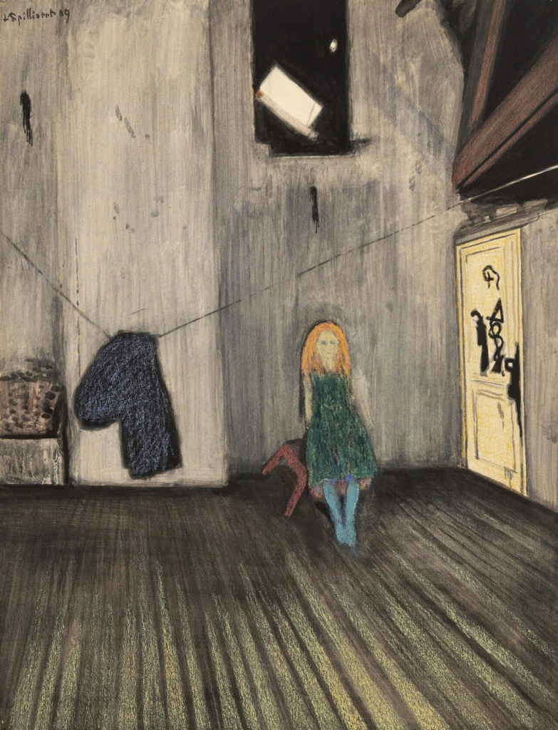 A young blonde girl in a green dress standing alone in a large room with brown-green wooden floors and tall white walls, and a blue textile hanging on a strung cord