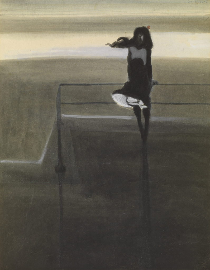 A figure in a black dress standing alone with wind blowing through her hair and dress, leaning against a metal railing with a soft grey-brown landscape behind her