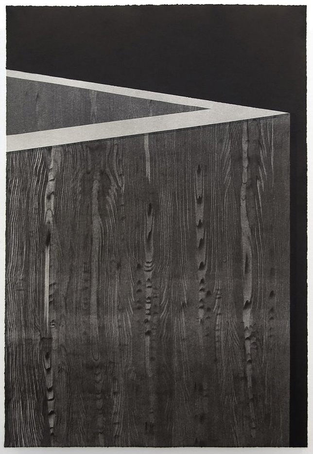 Abstract architectural composition with a grayscale wood patterned wall in close-up, the top cut off to reveal a sharp corner