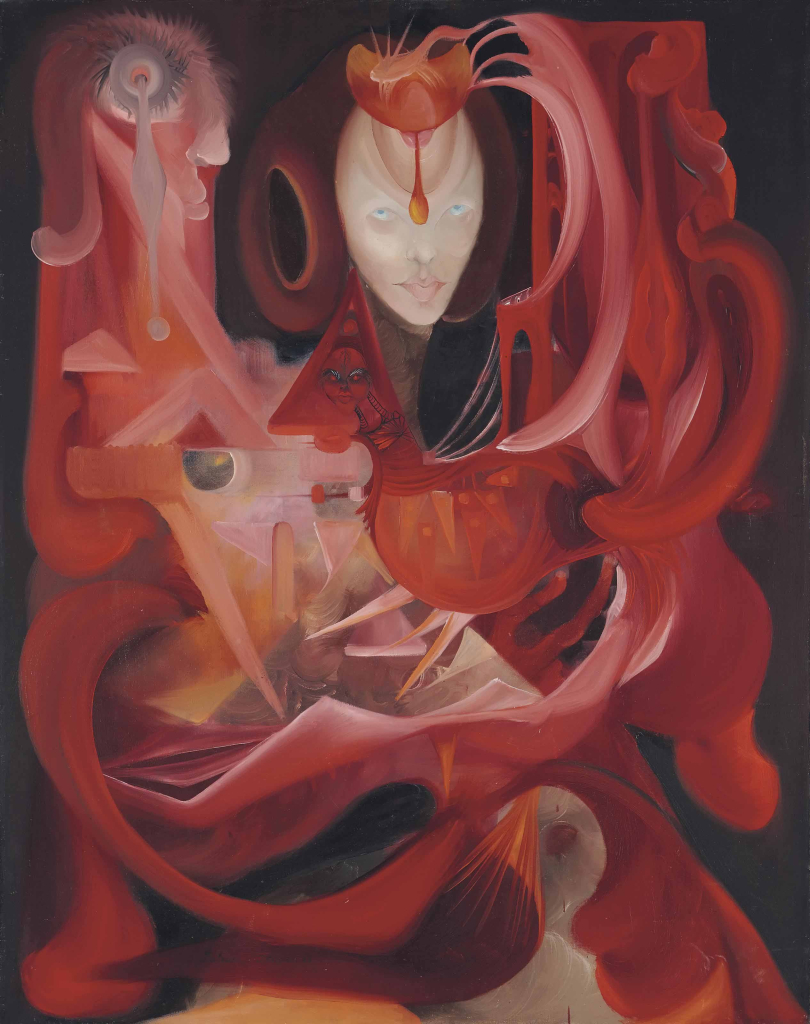 Painting of a feminine figure surrounded by deep red shapes and swirling forms