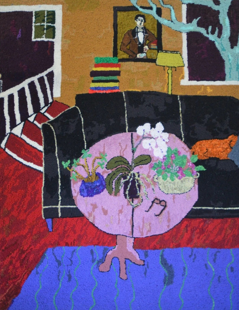 Hook rug scene of a living room with a black couch, red and blue floor, and circular purple table with potted plants