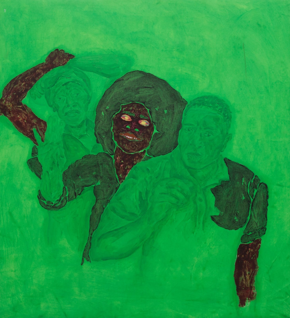 Painting in a bright green palette of a Black figure in the center holding up their hand, flanked by two figures, one holding up a club and other with a surprised look on his face