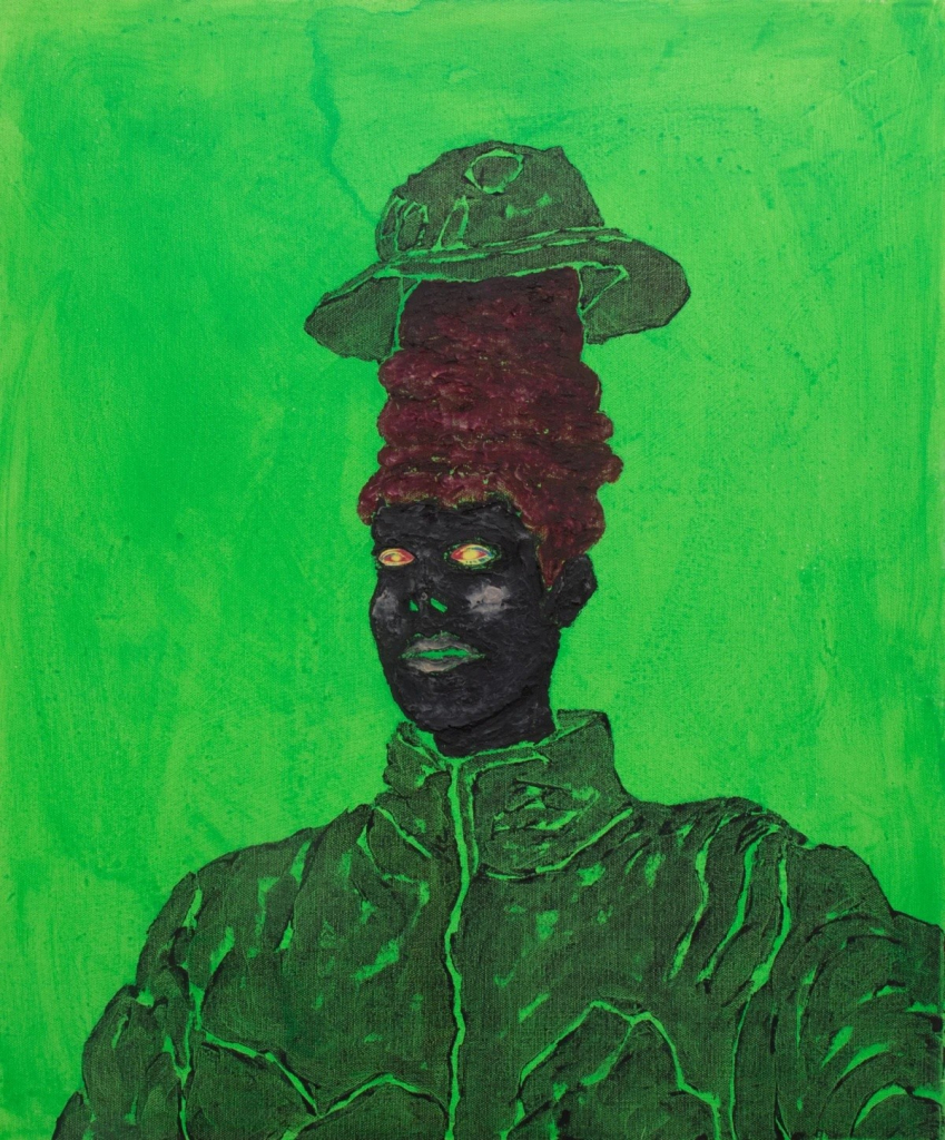 Painting in a bright green palette of a Black figure with a tall red-tinted hairstyle and bucket hat, wearing a bulky jacket