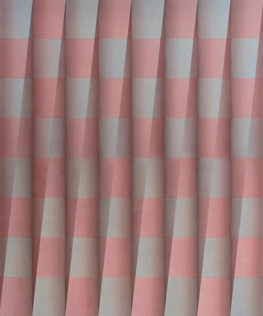 Abstract painting of curving squares creating a vertical geometric pattern with three-dimensional element, in a soft palette of pink and cream