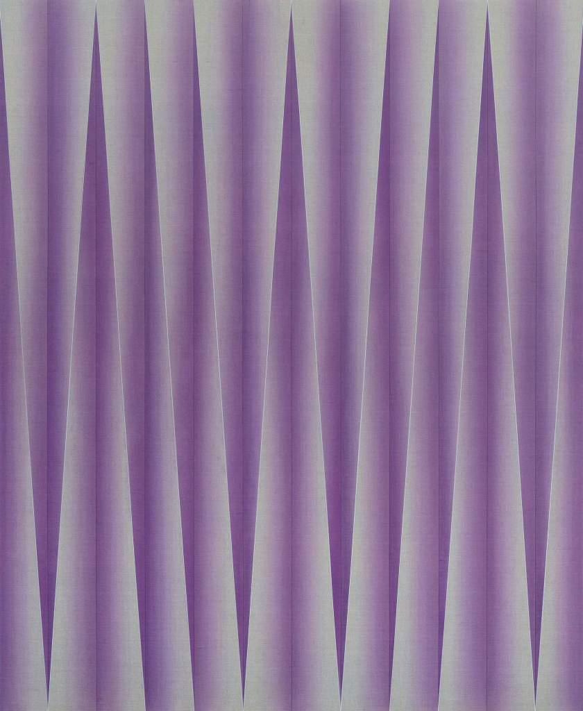 Abstract painting of angular lines creating a vertical geometric pattern with a zigzag effect, in a soft palette of purple and cream