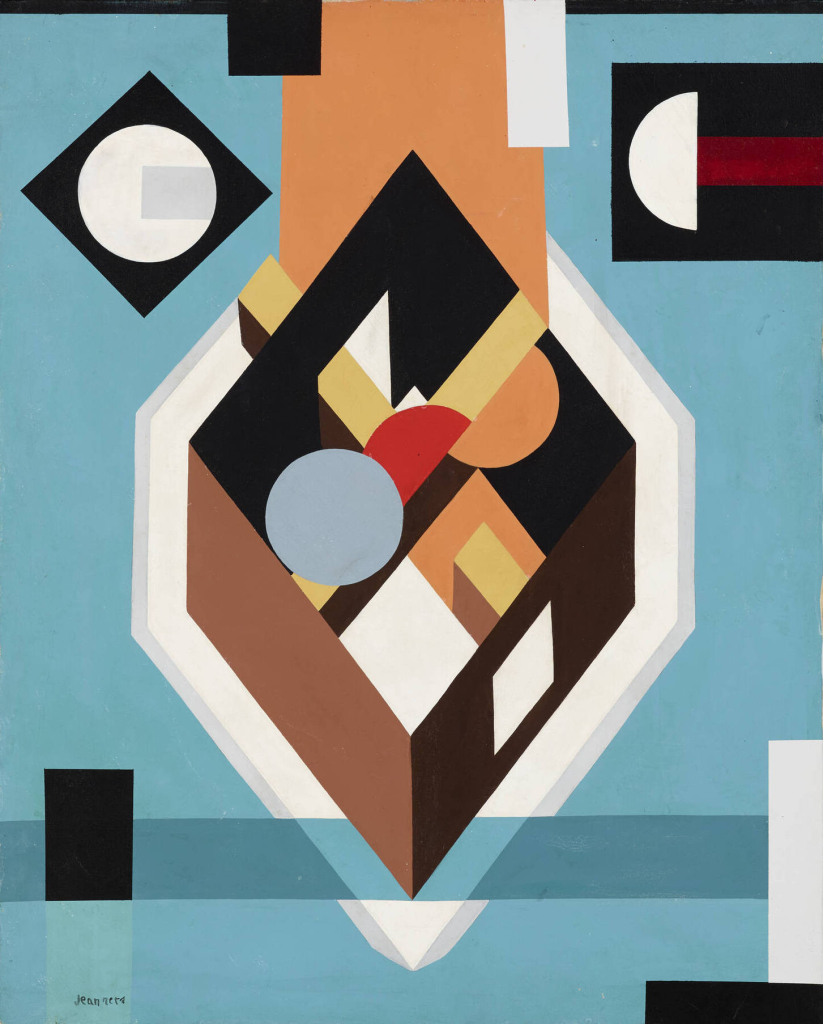 Abstract painting of geometric diamond shapes and circles in black, orange, and brown against a light blue background