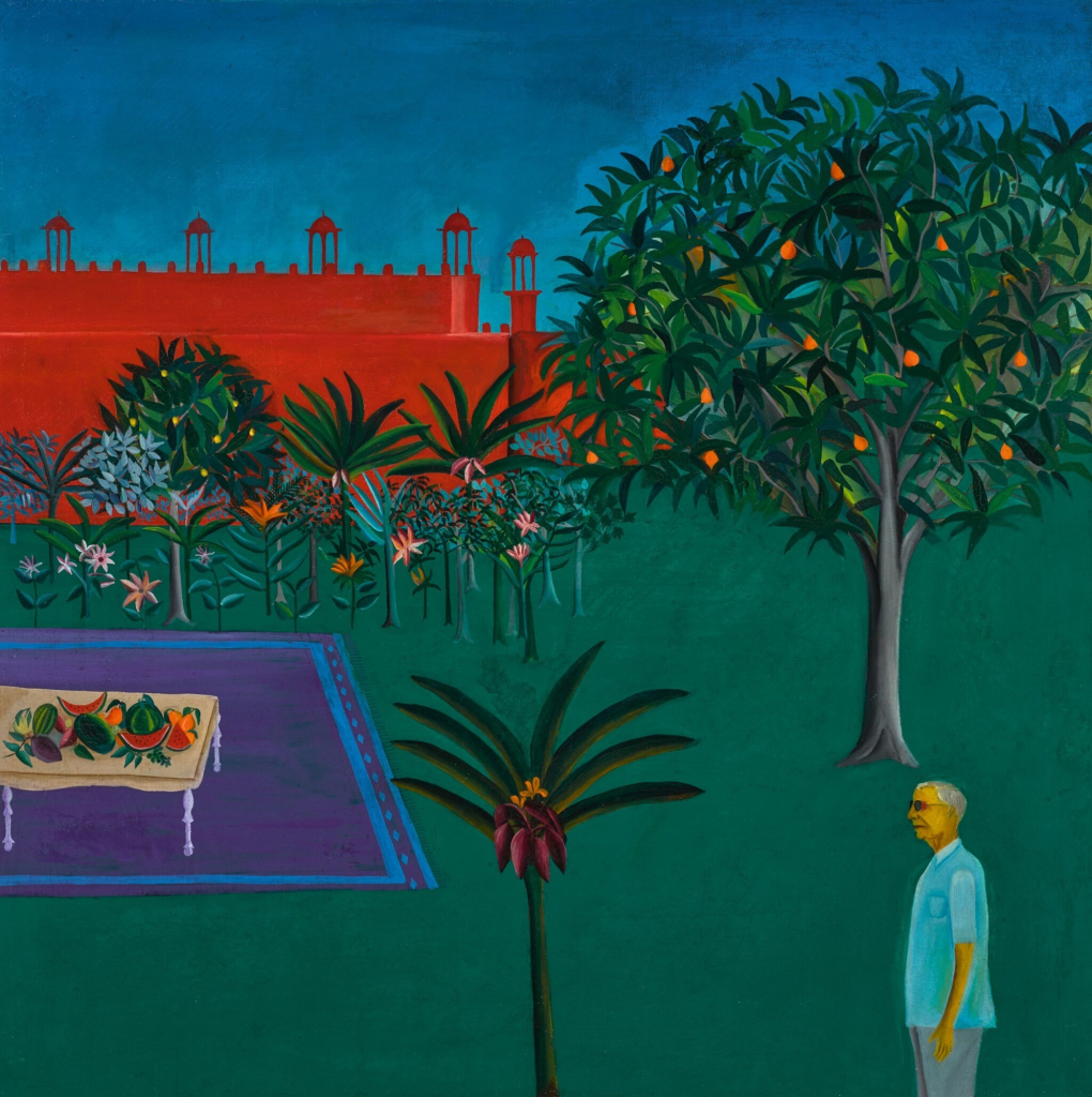 Painting in a bold palette of a flat green landscape, with an older man in the foreground standing by a group of orange trees and palms, and a purple carpet spread on the grass with a table full of fruit, and a red palace in the background