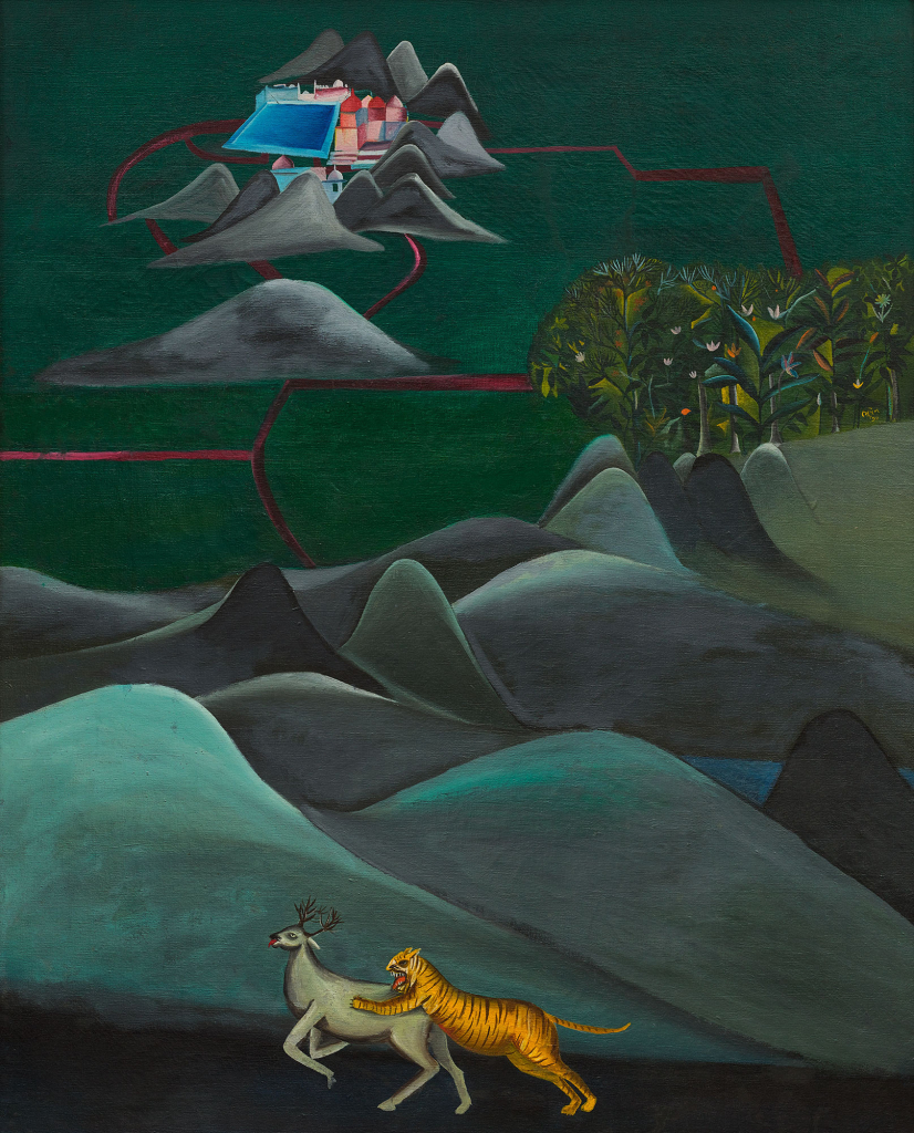 Painting in a dark green palette of a hilly landscape, with a tiger and antelope in the lower foreground and a cluster of buildings in the far distance