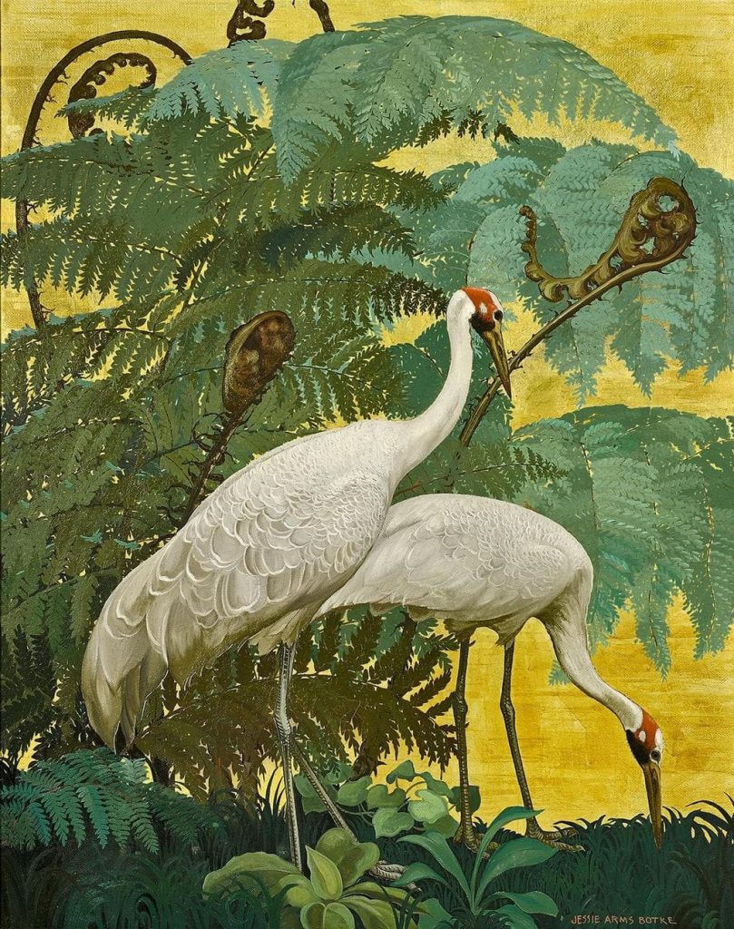 Painting of two white cranes standing against a grouping of ferns and a gold sky background