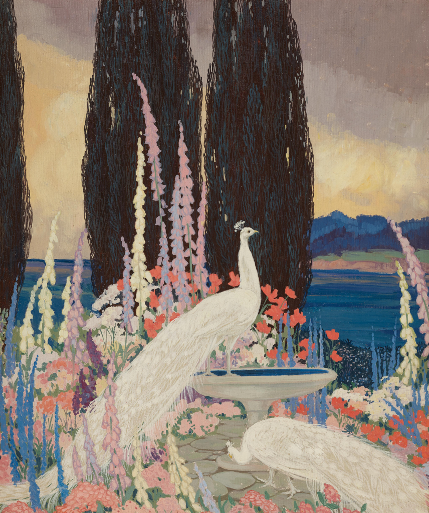 Painting of two white peacocks standing by a fountain in a garden with tall flowers and cypress trees