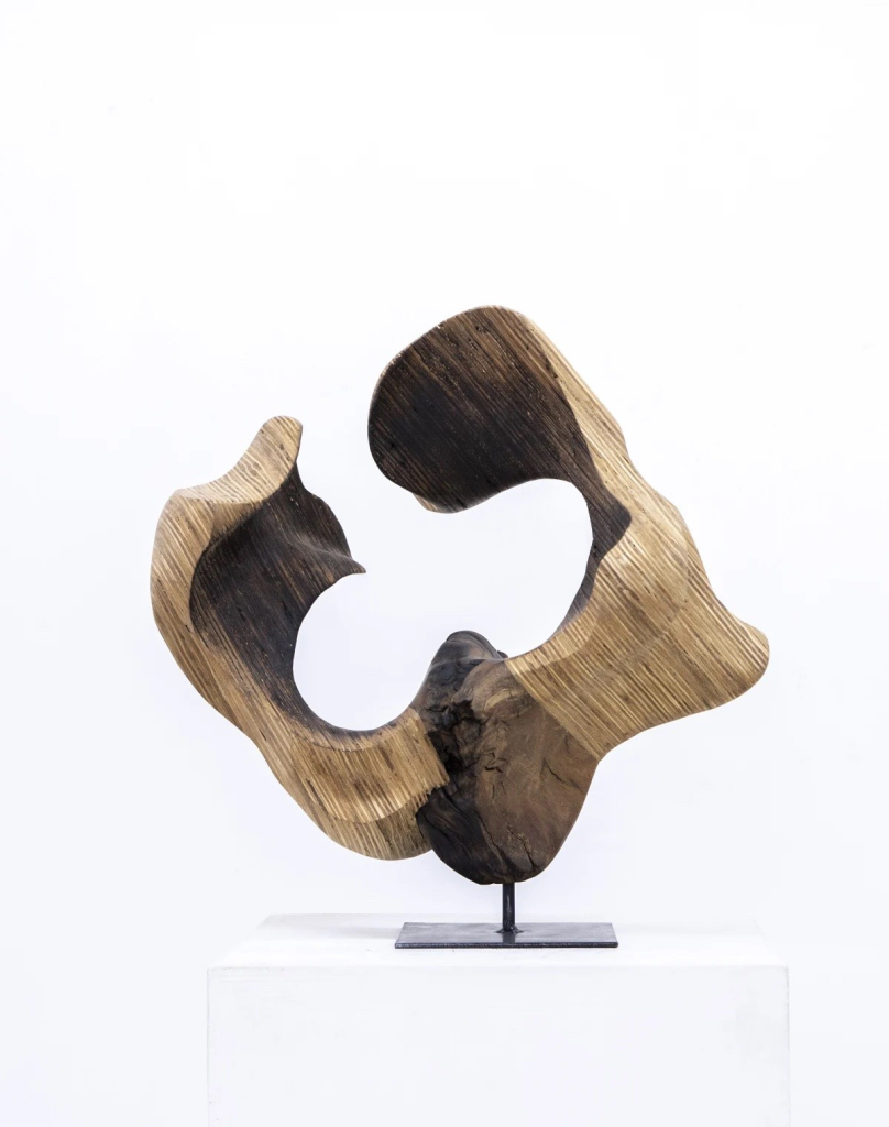 Wooden sculpture of a curving C-like shape with dark and light sections