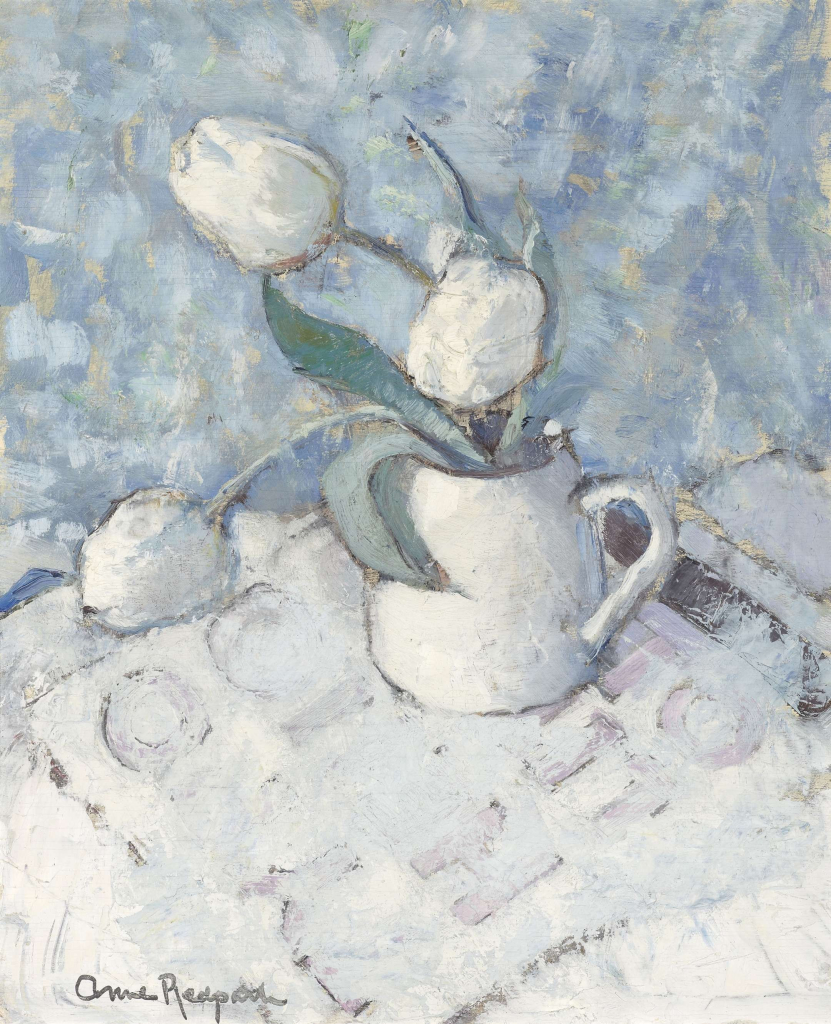 Still life of 3 white tulips in a tea mug, in a muted white and pale blue palette