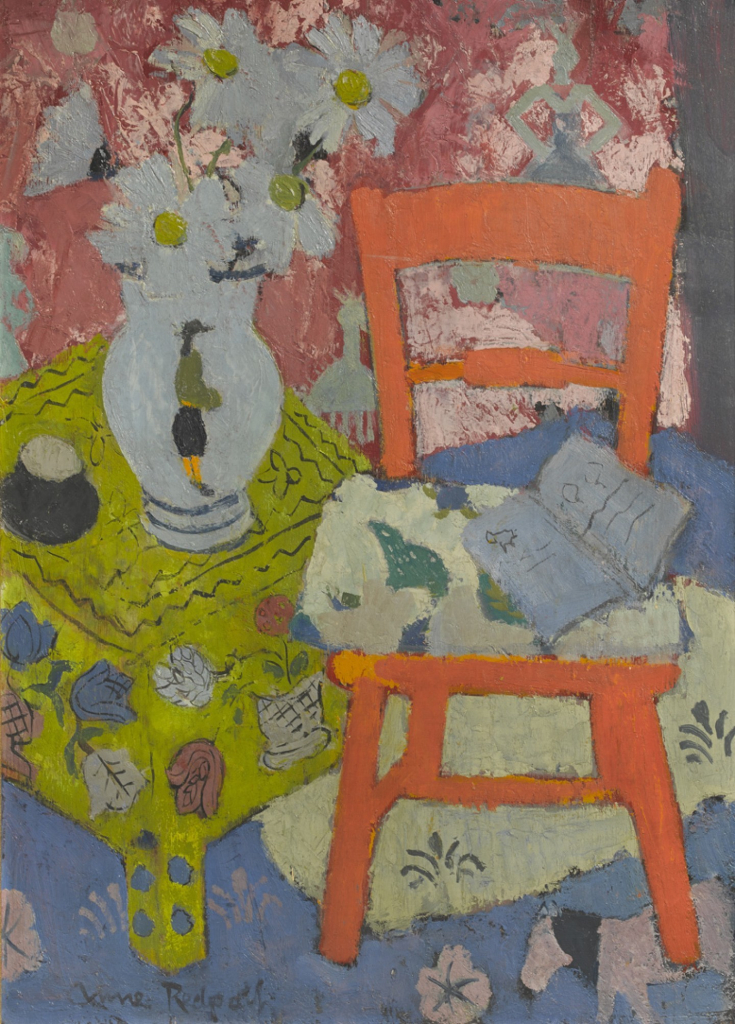 Painting of a wooden chair holding an open book, next to a bright green end table with a large porcelain vase filled with white flowers