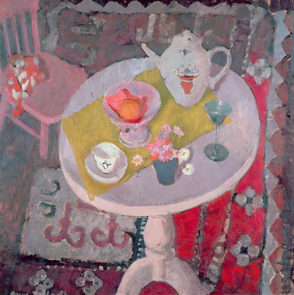 Painting of a small round table holding teapot and cup, fruit bowl, wine glass, and small vase with flowers, against a multi-patterned background in pink and white colors