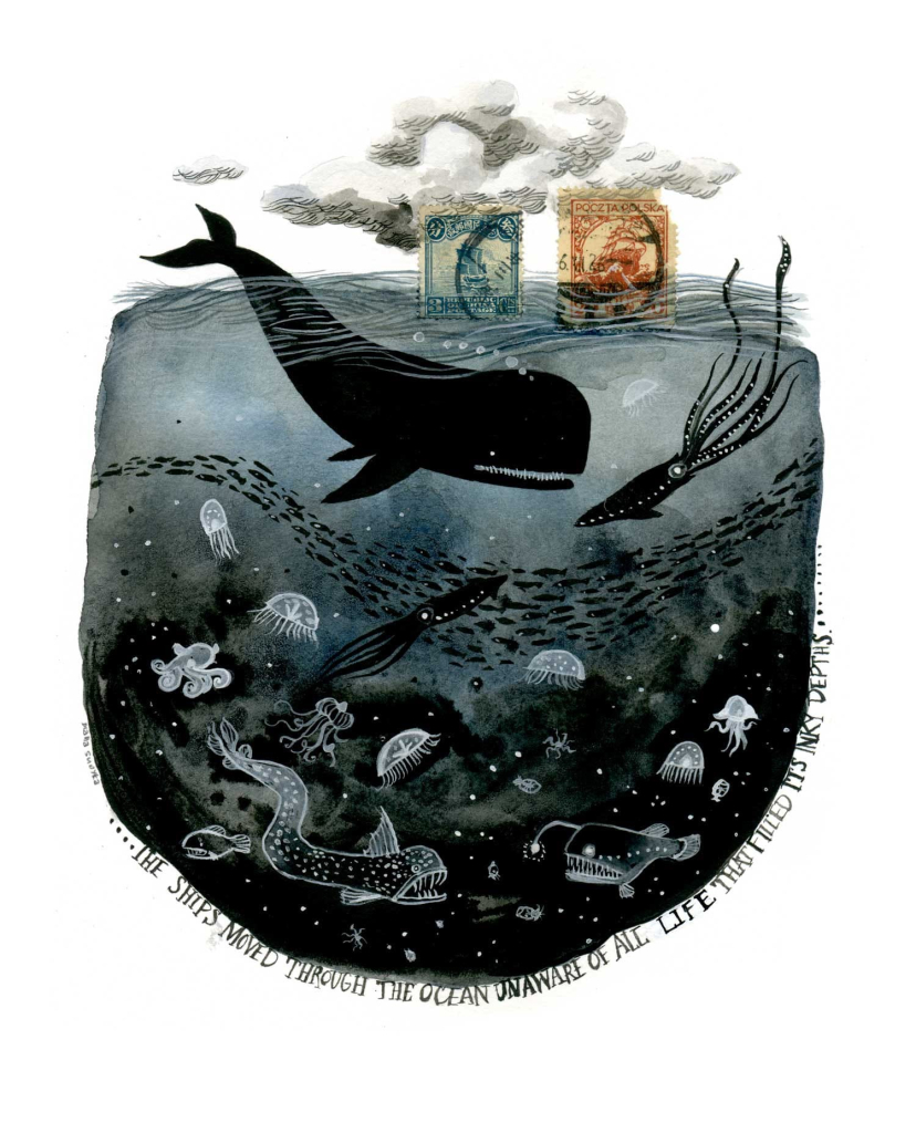 Ink and gouache illustration of an underwater scene in black and dark blue-grey tones, with black and white sea creatures including a whale, jellyfish, and squid. Two stamps float above the water like ships. Inked text reads "The ships moved through the ocean unaware of all life that filled its inky depths"