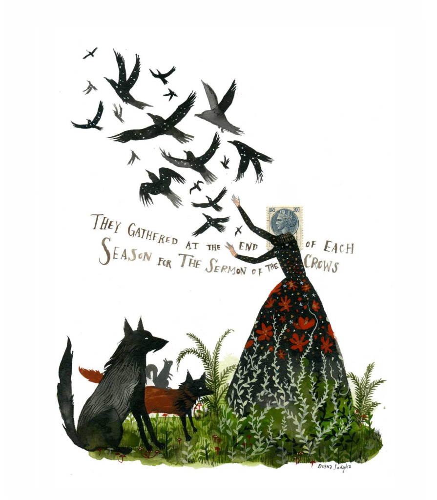 Ink and gouache illustration of a figure with stamp for a head, standing with their arms up, wearing a long black and red dress, with two wolves at their feet and a group of black birds flying from their arms. Inked text reads "They gathered at the end of each season for the sermon of the crows"