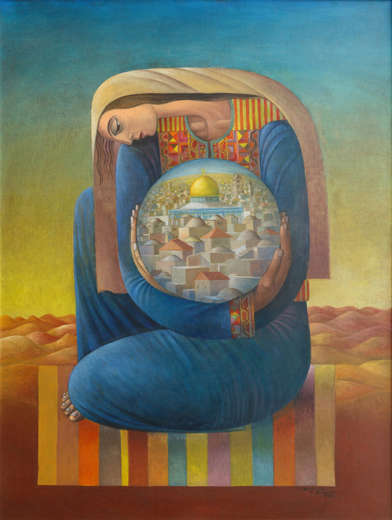 Painting of a woman in a blue caftan and head scarf kneeling on a striped rug in a desert landscape, and leaning over a circular orb in her arms, inside of which is a view of Jerusalem and the Dome of the Rock