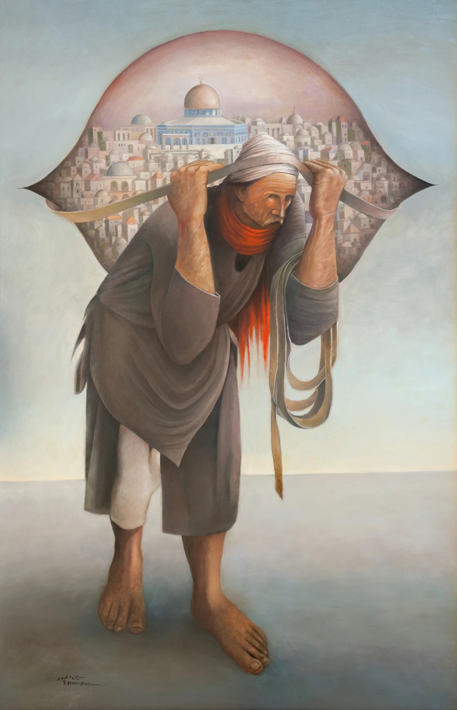 Painting of an old man walking barefoot in a barren landscape wearing loose grey clothing, hunched over and holding a large eye-shaped form on his back, inside of which is a view of Jerusalem