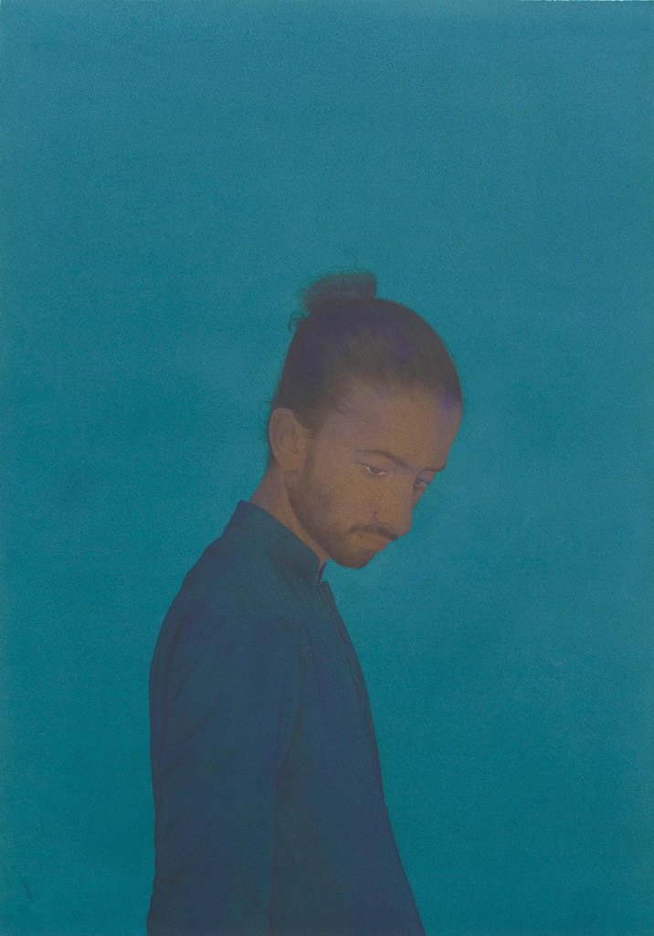 Watercolor portrait of a Brown man with a bun and dark blue shirt standing with his head bowed down, against a teal background