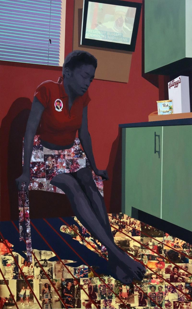 Painting of a Black woman sitting in a green and red kitchen, looking at a floor covered in family photos