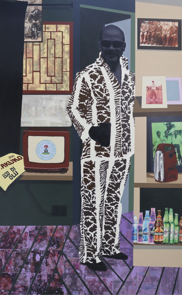 Painting of a Black man wearing a black and white patterned suit and shades, standing in a domestic interior with purple floors and shelves holding bottles and picture frames