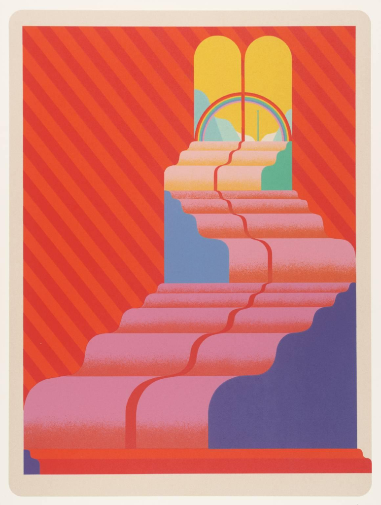 Print with a bright red and orange striped background and a rounded pink staircase leading up to a double doorway with a yellow sky and rainbow through it