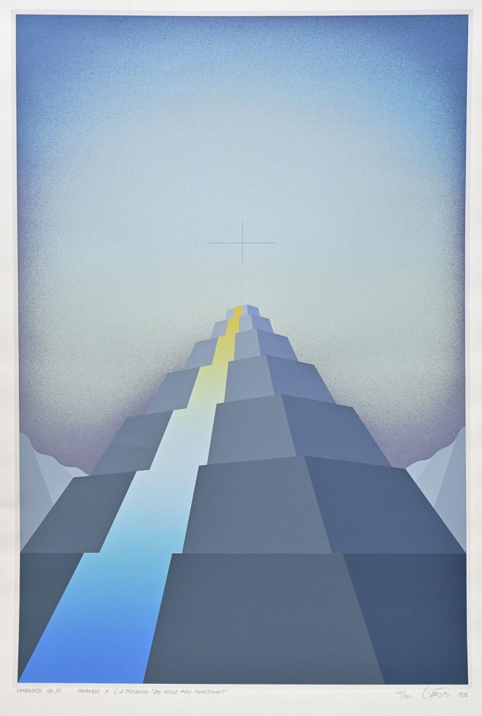 Print of a large stacked gray mountain peak with a yellow and blue path carved into it, against a soft white and blue sky