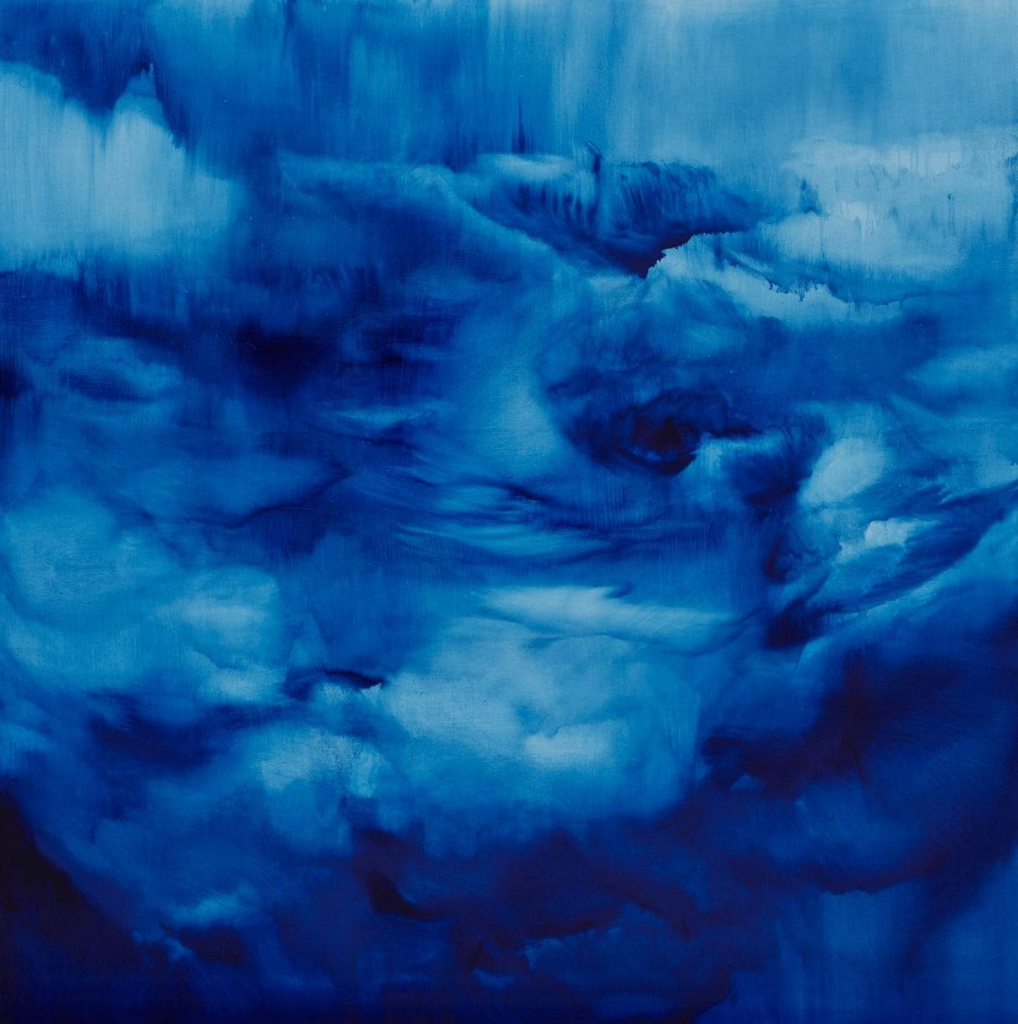 Semi-abstract painting of a cloudy sky in deep blue tones